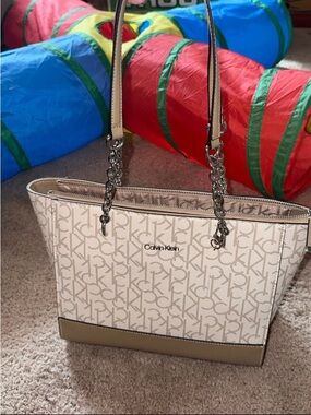 Calvin Klein Monogram Logo Tan / Cream / Beige Tote Purse